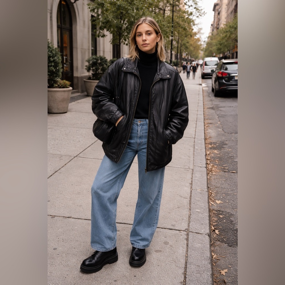 Vintage 90s Oversized Black Genuine Leather Coat L Minimalist Longline Y2K - Picture 10 of 13